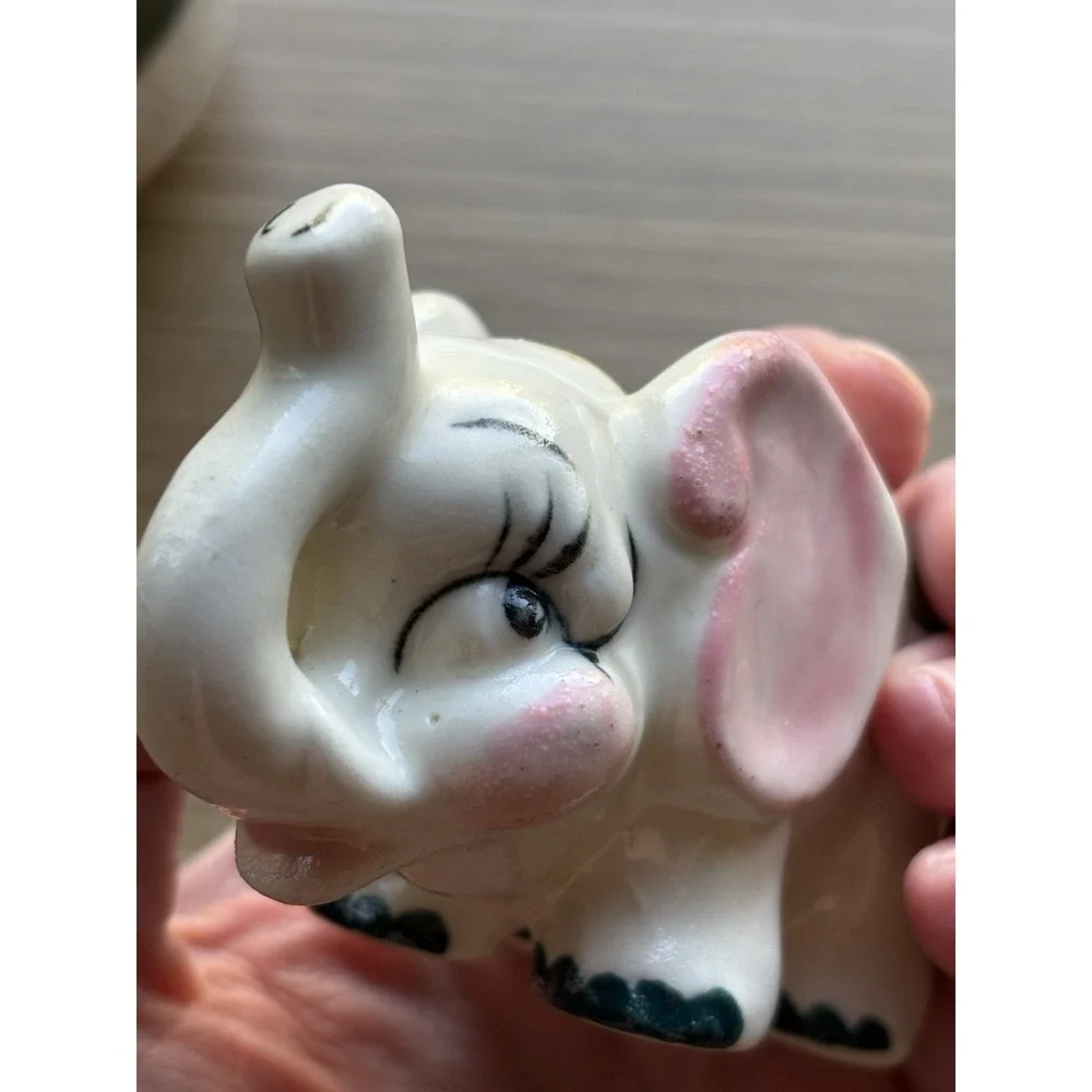 Vintage Whimsical Mini Elephant Nursery Piggy Bank Kitschy Ceramic Hand Painted